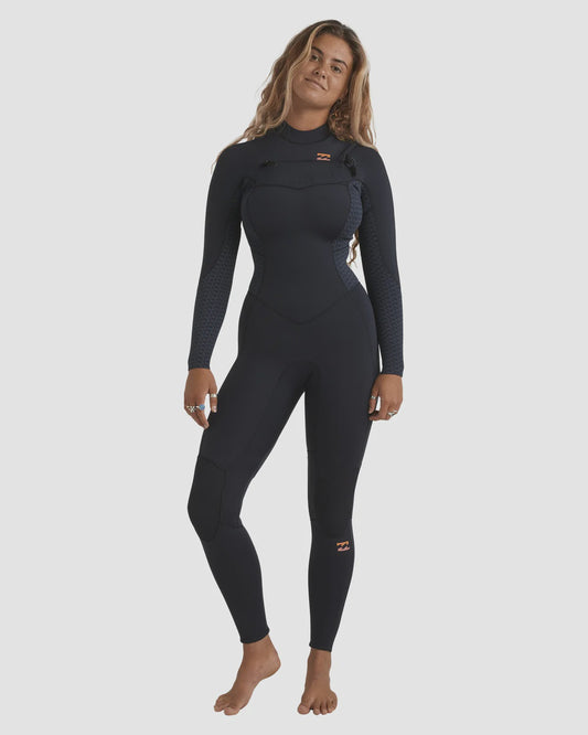Billabong Womens 3/2mm Synergy Natural Chest Zip Steamer Wetsuit - Black Geo