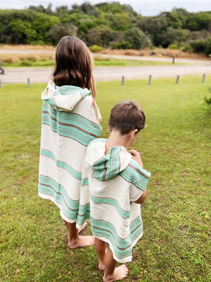 Salty Shadows Kids Aqua Stripe Turkish Towel Poncho