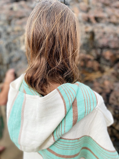 Salty Shadows Kids Aqua Stripe Turkish Towel Poncho