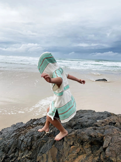 Salty Shadows Kids Aqua Stripe Turkish Towel Poncho