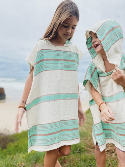 Salty Shadows Kids Aqua Stripe Turkish Towel Poncho